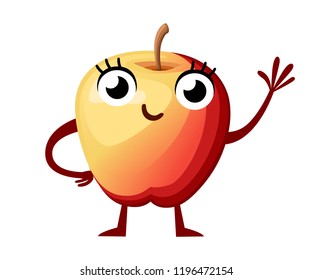 Yellow apple mascot. Cartoon character design. Smiling apple waving a greeting. Flat vector illustration isolated on white background.