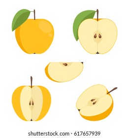yellow Apple on white background, vector illustration. the whole fruit and half. isolate.