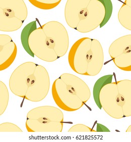 yellow Apple on white background, vector illustration. the whole fruit and half. isolate. seamless background