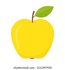 manzana amarilla. Buena manzana lisa con hoja verde. Vector aislado en blanco.