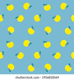 Yellow apples with blue leaves on blue background, seamless pattern 