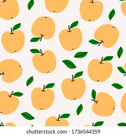 Manzana amarilla Patrón sin soldadura, fondo abstracto repetido. Papel, cubierta, tela, envoltura de regalo, arte mural, decoración interior. Diseño simple de patrones de superficie. Ilustración del vector de color dibujado a mano