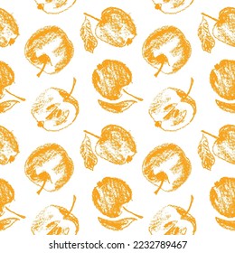 Yellow apples seamless pattern for fabric design. Fresh apple textile ornament. Fruit background for Vegan banner, label juice. Apple drawings for hand cooking jam packaging. Textile illustrations.