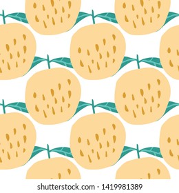 Yellow apples seamless pattern on white background. Cute sweet apple in hand drawn style. Design for fabric, textile print, wrapping paper, children textile. Vector illustration