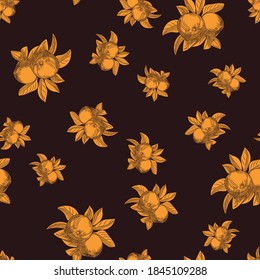 Yellow apples seamless pattern on black background. Vintage botanical wallpaper. Hand draw fruit texture. Engraving vintage style. Design for wrapping paper, textile print. Vector illustration