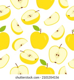 Yellow apples seamless pattern. Sweet slices, whole and half apple fruits pattern. Vector illustration.