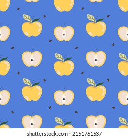 Yellow apples with seeds pattern. Fruit pattern design for web, print. Hand drawn modern summer vector illustration. Fresh juicy fruit on a blue background. Eco friendly. Organic healthy background.