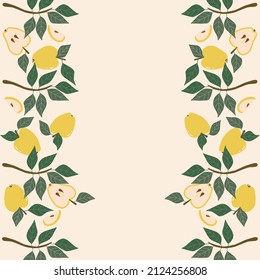 Yellow apples, whole and pieces, branches with green leaves on a light background. Design template with fruits, frame. Vector hand drawn illustration. Place for your text.