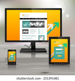 Yellow application template design for corporate identity with white and green arrows. Stationery set