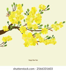 Yellow apricot blossom. Postcard, greeting card, printing, ceramic and canvas. Pale yellow color.