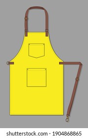 Yellow Apron With Adjustable Leather Strap, Two Pocket Design On Gray Background, Vector File.