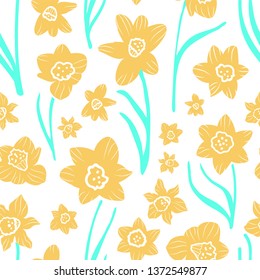 Yellow and aqua blue daffodils on plain white background in a folk art naive style. Seamless vector pattern. Great for home decor, apparel, stationery