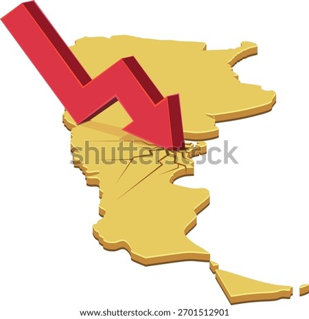 Yellow Argentina map cracked by a large red arrow crashing down. Concept of economic recession or financial crisis in South America. (cut out)