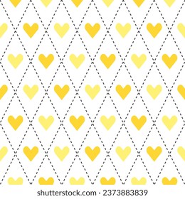 Yellow argyle pattern with heart inside. Argyle vector pattern. Argyle pattern. Seamless geometric pattern for clothing, wrapping paper, backdrop, background, gift card, sweater.