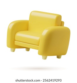 Yellow armchair 3d vector icon. Cute three dimensional flying sofa chair isolated on white background. 