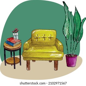 Yellow armchair with flower on side table