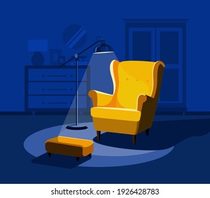 Yellow armchair and footrest in the light of the lamp in the evening. Scandinavian modern living room interior. Cozy vector illustration