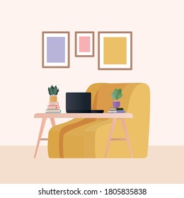 yellow armchair with laptop plants and frames in living room design, Home decoration interior living building apartment and residential theme Vector illustration