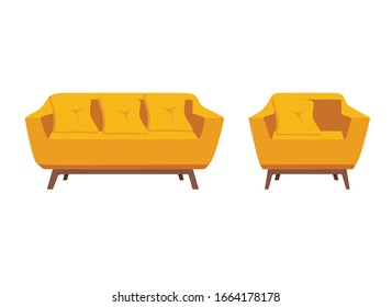 sillón y sofá amarillos, ilustración vectorial, estilo plano