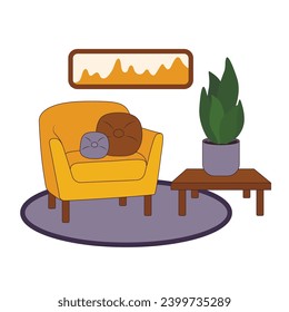 Yellow armchair with table and houseplant on white background