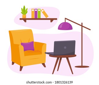 Yellow armchair, table with laptop end lamp. Interior  design or background. Work from home and freelance concept. Vector illustration.