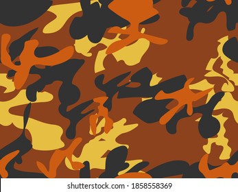 Yellow Army Print. Abstract Vector Camouflage. Brown Camouflage Seamless Paint. Orange Fabric Texture. Yellow Hunter Pattern. Black Camo Paint. Military Camo Canvas. Modern Orange Abstract Background