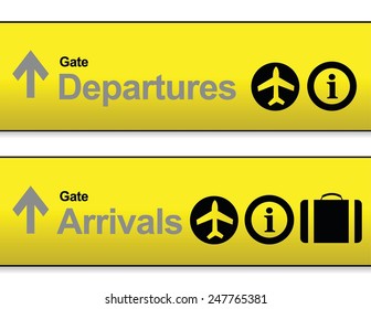 yellow Arrival and departures airport signs isolated over a white background.