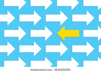 La flecha amarilla va en una dirección diferente de las flechas blancas. Sé diferente, sobresaliendo de la multitud