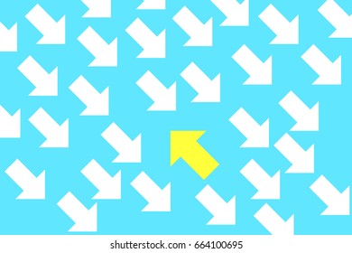 yellow arrow in group of white arrow for different concept idea flat design