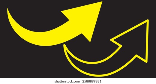 Yellow arrow icon on Black background. Flat style arrow icon for your website, design, logo, app, UI., curved arrow sign.