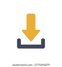 Yellow arrow icon pointing downward into a dark blue curved container minimalist design vector illustration for downloading or transferring data