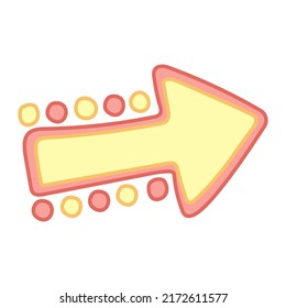 Yellow arrow with lights bulbs. Cartoon style. Vector isolated on white background.