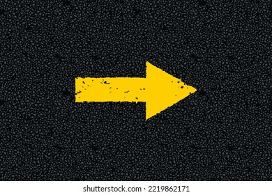 Yellow arrow on tarmac road top view. Highway traffic mark vector illustration. Background with old paint texture on asphalt surface. Roadway seamless pattern. Straight urban driveway