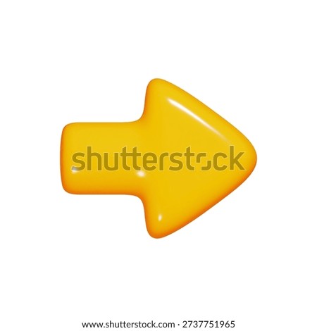 Yellow arrow pointing right icon in a realistic 3D plastic cartoon style. Directional navigation symbol isolated on a white background. Vector illustration.