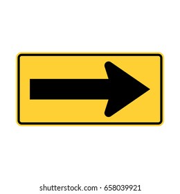 Yellow Arrow Road Sign By The Right Side Isolated On White Background.clipping Path