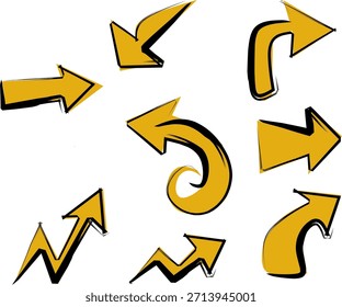 Ilustración vectorial amarilla del sistema de la flecha, Colección dibujada a mano de las flechas de la dirección aislada en el fondo blanco