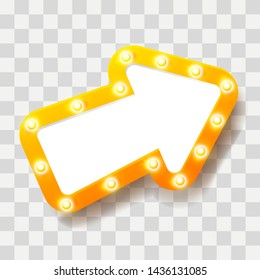 Yellow arrow with shiny light bulbs on transparent background