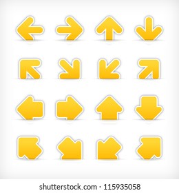 Yellow arrow sign sticker on cut paper pocket . Web internet button clean satin shapes with gray drop shadow on white background. Vector illustration design element saved 10 eps
