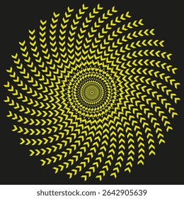 Yellow arrow spiral. Black background illusion. Vector circular pattern. Twisting motion symbol.