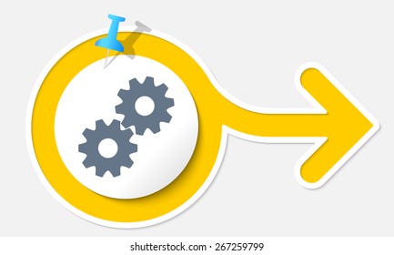 Yellow arrow with white frame and cogwheels