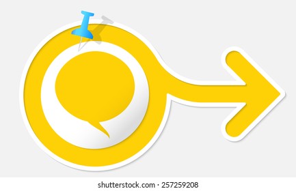 Yellow arrow with white frame and speech bubble
