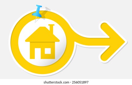 Yellow arrow with white frame and symbol home