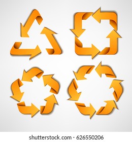 Yellow arrows with various curved shape, Suitable for recycle, ecological symbol, and other. Vector illustration