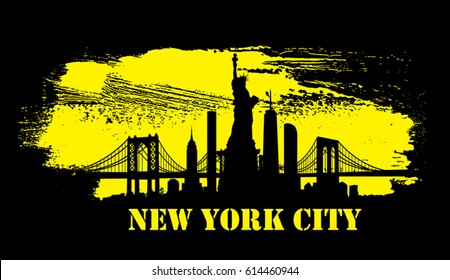 Yellow art brush stroke New York City skyline Vector