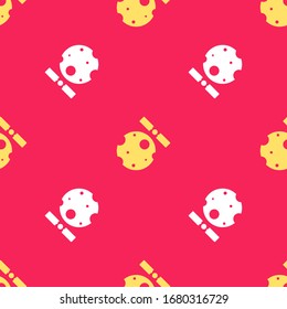 Yellow Artificial satellites orbiting the planet Earth in outer space icon isolated seamless pattern on red background. Communication, navigation concept.  Vector Illustration