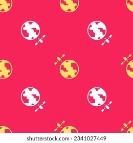 Yellow Artificial satellites orbiting the planet Earth in outer space icon isolated seamless pattern on red background. Communication, navigation concept.  Vector