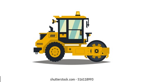 Yellow asphalt compactor isolated on white background. Construction machinery. Special equipment. Road repair. Vector illustration. Flat style