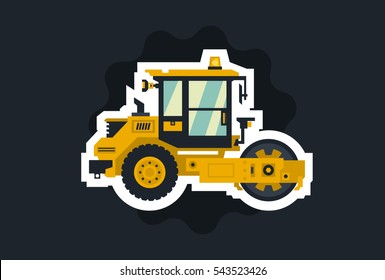 Yellow asphalt compactor. The object circled white outline on a dark background. Construction machinery. Special equipment. Road repair. Vector illustration. Flat style