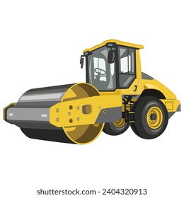 Yellow asphalt roller, steamroller, road roller vector image on white background. Construction trucks collection  