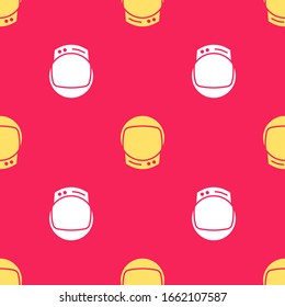 Yellow Astronaut helmet icon isolated seamless pattern on red background.  Vector Illustration